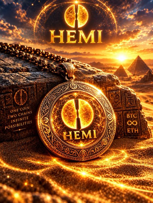 A promotional image for the cryptocurrency 'HEMI' features a glowing golden medallion on a chain resting on ancient stone blocks, with the tagline 'ONE COIN TWO CHAINS INFINITE POSSIBILITIES' and references to BTC and ETH.