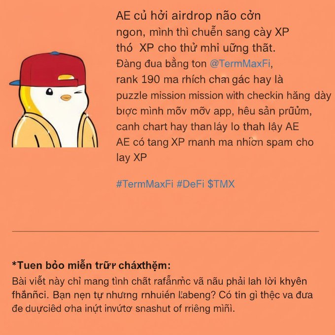 A social media post in Vietnamese featuring a cartoon bird character wearing a red cap and yellow jacket, discussing airdrops and promoting TermMaxFi with hashtags #TermMaxFi #DeFi $TMX.