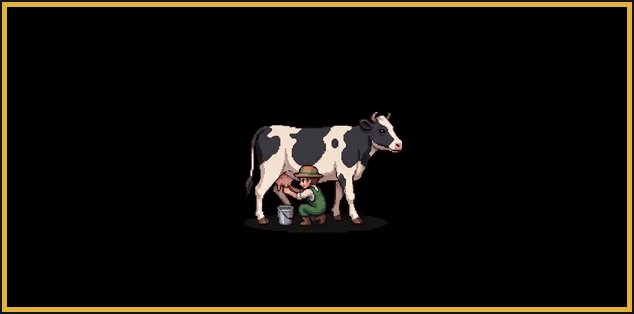 The image features a cartoon cow with black and white spots standing next to a person who appears to be milking the cow using a bucket, possibly made of tin foil or plastic. The cow seems to be enjoying its time as it drinks from the bucket while the person is kneeling down beside it. The background of the image is black, which contrasts with the colorful cartoon elements and makes them stand out more prominently.