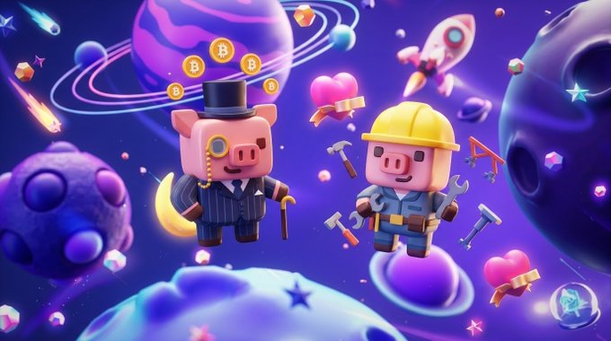 A colorful 3D illustration of two anthropomorphic pig characters in a cosmic setting, one dressed as a businessman with a top hat and the other as a construction worker with a yellow helmet and tools.