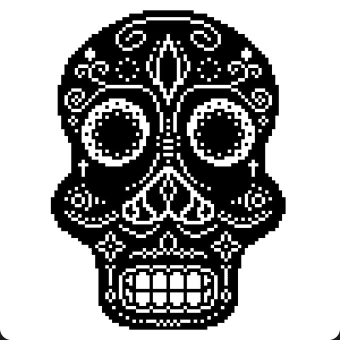 A black and white pixel art design of a decorated sugar skull featuring intricate floral and cross patterns.