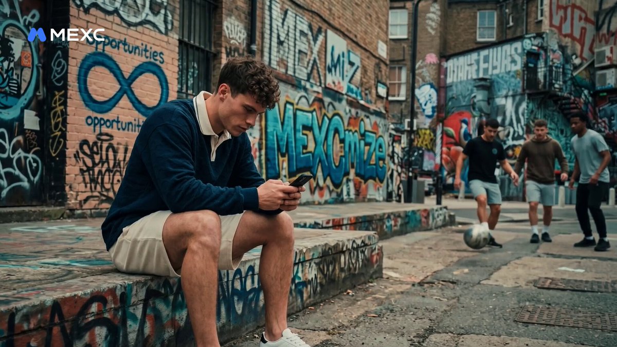 The image features a man sitting on steps with his legs crossed while looking at his cell phone. The background of the photo shows a street scene with graffiti-covered walls, indicating that they are located in an urban area. There are also other people present in the scene, suggesting that it is a public space or gathering spot. The image includes text elements such as "MEXC Kickoff Fest" and "Different cities. Different time zones. Same passion." This could be related to an event happening in another city at the same time, possibly involving soccer fans from different parts of the world coming together for a virtual kick-off or similar gathering. The image also contains a code that reads "MEXC Kickoff Fest" and "Different cities. Different time zones. Same passion."