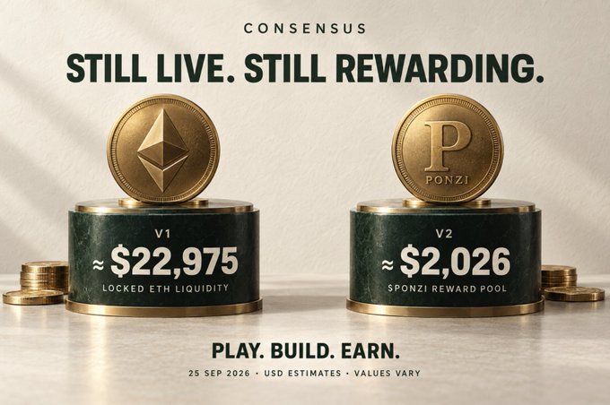 Consensus promotional graphic titled 'STILL LIVE. STILL REWARDING.' showing V1 with ~$22,975 locked ETH liquidity featuring an Ethereum coin, and V2 with ~$2,026 Sponzi reward pool featuring a Ponzi coin, dated 25 SEP 2026.