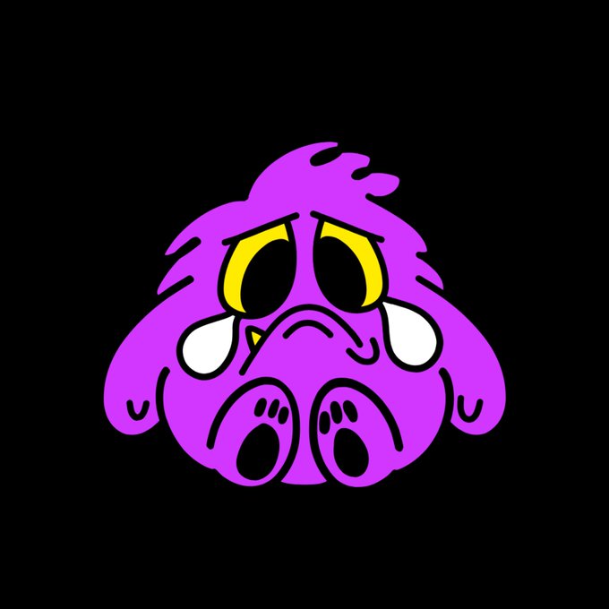 A cartoon purple fluffy creature with large yellow eyes and tears welling up appears to be crying, humorously depicting the "sad" or emotional reaction that NFTs often provoke. The mascot aligns with the "TinyPetz" Freemint announcement, giving the project a cute, emotive face to match its 3,333 free mint supply.