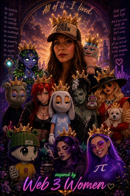 A vibrant, ornate illustration titled "inspired by Web 3 Women" featuring a central woman wearing a "TOEZ QUEEN" hat surrounded by various stylized female characters and creatures all wearing gold crowns, with text about heartache, fight, and laughter.