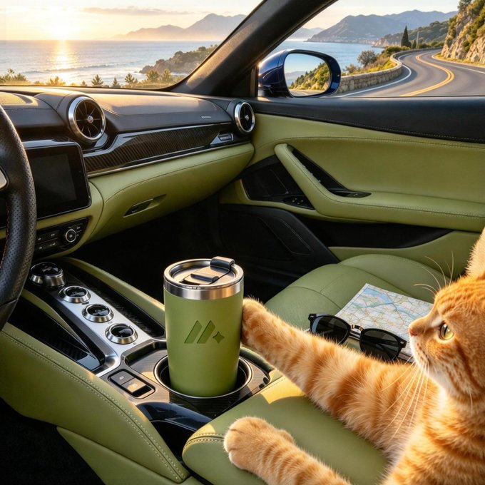 View from inside a luxury car with olive green leather interior, showing a scenic coastal highway at sunset, with a green travel mug, sunglasses, and a map in the center console; an orange cat's paws rest on the passenger seat.