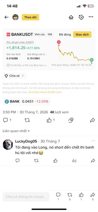 Mobile screenshot of a Vietnamese Binance post tracking BANKUSDT showing +1,814.25% (577.88%) gains, with comments from users discussing long/short positions on the Binance Alpha token.