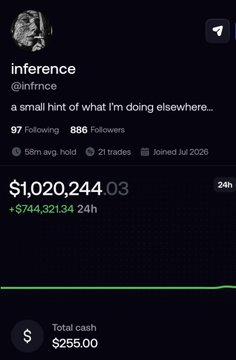 A mobile app screen showing a profile for 'inference' (@mfrnce) with the text 'a small hint of what I'm doing elsewhere...' and a portfolio value of '$1,020,244.03'.