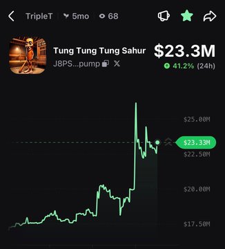 A screenshot of a cryptocurrency chart for the token "Tung Tung Tung Sahur" (ticker: TripleT) shows the price at $23.3M with a 41.2% gain over 24 hours, visually confirming the post's claim that the token has pumped 41% today.