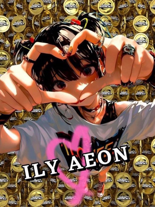 A stylized illustration of an anime-style girl making a heart shape with her hands against a background of stacked beer cans, with the text 'ILY AEON' prominently displayed.