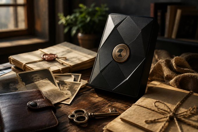 A black geometric vault stands upright on a wooden desk surrounded by old photographs, a leather journal, a skeleton key, and twine-bound parcels, echoing the post's message of $GENVAULT — a blockchain-based vault for preserving family legacies and tangible heirlooms beyond a traditional filing cabinet.
