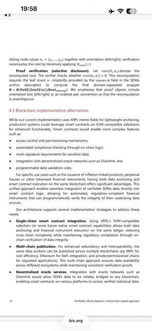 A page from a blockchain academic paper showing a 'Proof verification' section and '4.3 Blockchain implementation alternatives' discussing XRP, smart contracts, multi-chain publication, and oracle networks.