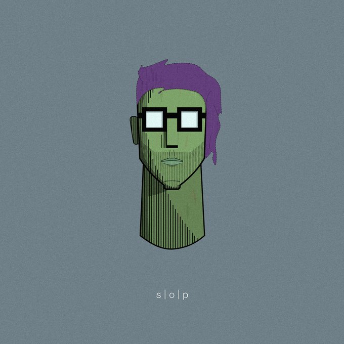 A stylized illustration of a character with green skin, purple hair, and white square glasses on a muted blue-gray background, with the text 'slop' written below.