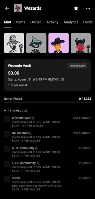 A screenshot of a mobile app shows a 'Wezards' mint schedule with a 'Wezards Vault' starting August 31 at 3:45 PM GMT+01:00, displaying phases for OG Creators, GTD Community, FCFS Community, and Public.
