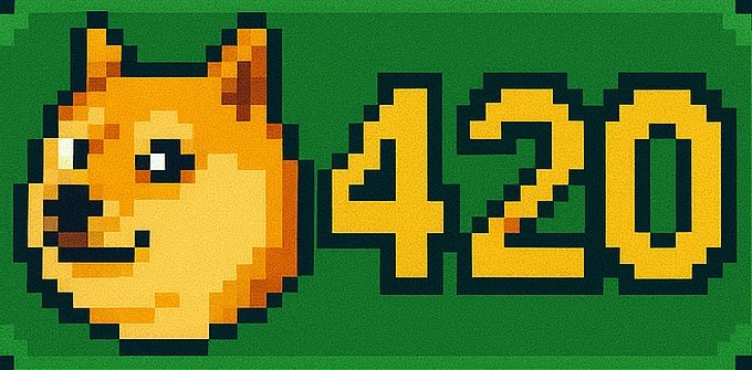 A pixel art image showing a Shiba Inu dog next to the number '420' in yellow text on a green background.