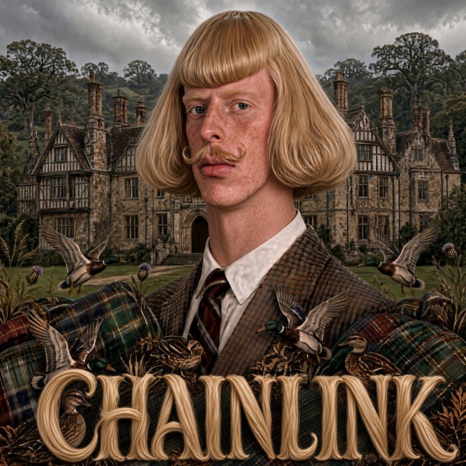 A blonde-haired man with a bowl cut and mustache stands before a grand Tudor-style manor with ducks flying around, with the text "CHAINLINK" displayed prominently in ornate gold lettering at the bottom, humorously depicting the aristocratic lifestyle the post implies for a devoted Chainlink (LINK) crypto holder by 2030.