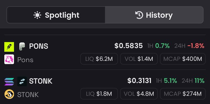 A dark-themed cryptocurrency tracking interface displays two tokens in the "Spotlight" tab: PONS priced at $0.5835 with a market cap of $400M and 1.4M volume, and STONK priced at $0.3131 with a market cap of $274M and $4.8M volume. The image supports the claim about $STONK potentially flipping $PONS, showing STONK's $274M market cap is approaching PONS's $400M—roughly 1.46x away rather than the stated 2x, but still illustrating the narrowing gap.