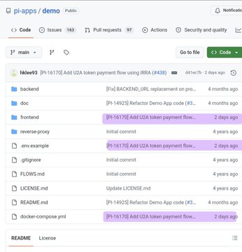The image shows a GitHub repository "pi-apps/demo" displaying recent commits, including "[#16170] Add UZA token payment flow using I8Ra (#438)" and "[#16170] Add UZA token payment flow," which directly relates to the post's announcement about enabling Raed to pay through a token rather than just Pi, supporting exchange listings and bridging across IQsystem projects.
