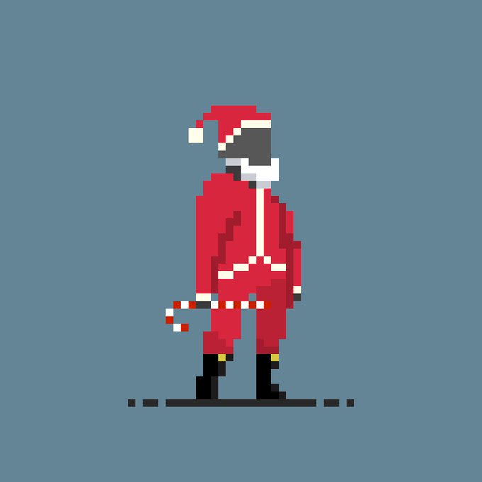 A pixel art figure of a character dressed in a red Santa Claus-style outfit and hat, standing on a dashed line against a plain blue-gray background.