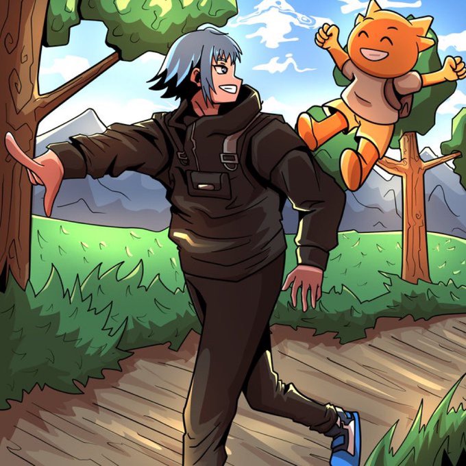 The image shows an anime-style character with silver hair in a dark hoodie running playfully through a grassy landscape, accompanied by a cheerful sun-like creature with a smiling face. The illustration captures the excited, celebratory mood of the post, which expresses enthusiasm over securing several NFT projects (like @dollclubnft, @playbandits, @FabledChronicle, and eyeing @internet_monkes) for friends and the community.