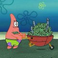 A SpongeBob SquarePants cartoon scene showing Patrick Star pushing a red wheelbarrow filled with green items underwater.