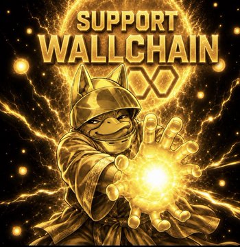 The image features a cartoon character wearing a robe holding up two flames, with a banner above him that reads "Support Wallchain". Below this, there's an illustration of coffee cups being spilled out onto a table.