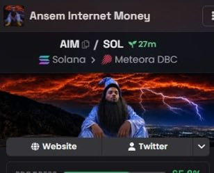 A cryptocurrency listing for 'Ansem Internet Money' shows the ticker AIM paired with SOL, noting a 27m timeframe, with routes Solana > Meteora DBC and a banner image of a hooded figure with lightning.