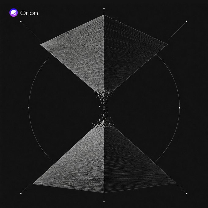 An artistic geometric illustration labeled 'Orion' featuring two triangles forming a diamond/hourglass shape within a circle on a black background, resembling a stylized depiction of a black hole.