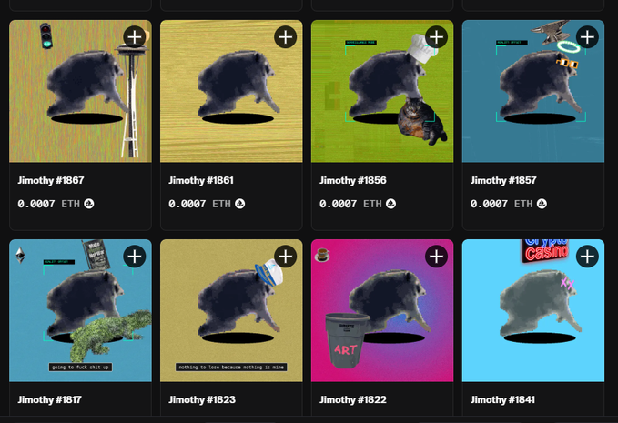 A grid of eight NFT listings from the 'Jimothy' collection, each featuring a pixelated cat with various props (stepladder, top hat, propeller, crocodile, paint bucket) priced at 0.0007 ETH, labeled with numbers like #1867, #1861, and #1856.
