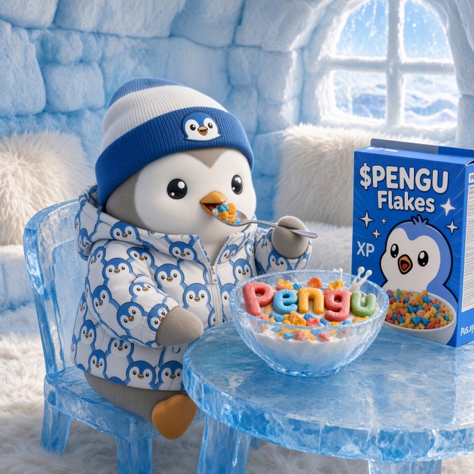A whimsical 3D illustration of a penguin wearing penguin-patterned pajamas, sitting at an ice table eating cereal from a bowl that spells 'PENGU' in colorful letters, with a box of '$PENGU Flakes' cereal beside it.