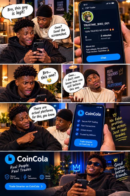 A comic-style advertisement for CoinCola, a P2P Trader platform, showing two friends discovering it on a phone and trading with each other.