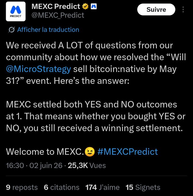 The image shows a Twitter post from a user named @MECPrediction. The post contains questions about Bitcoin and its market trends. It also mentions that the user has settled both Yes and No outcomes at 1, with the remaining bettors disputing the decision. The post is accompanied by a list of tweets and mentions, indicating that it was shared among multiple users.