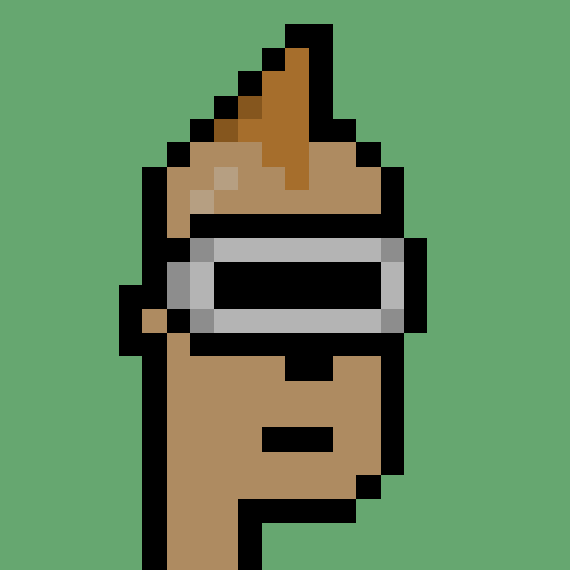 Pixel art of a character with orange hair, large goggles, and brown clothing on a green background.