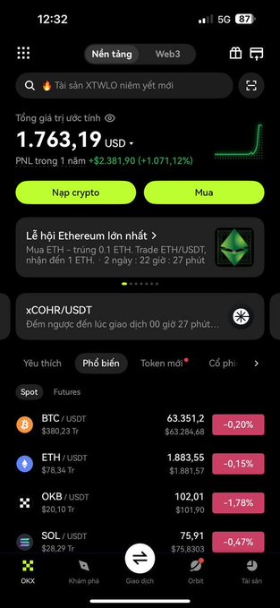 A Vietnamese cryptocurrency exchange app (Binance) showing a total asset balance of 1,763.19 USDT, with BTC, ETH, OKB, and SOL trading pairs displayed.