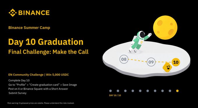 Binance Summer Camp 'Day 10 Graduation' banner featuring an astronaut illustration, with instructions to complete Day 10 for a chance to win 5,000 USDC.
