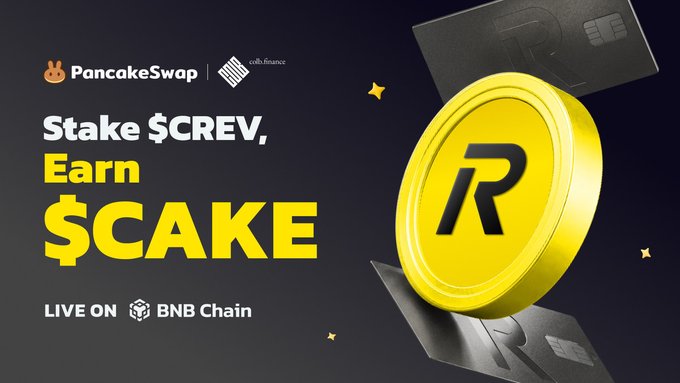 The image is a PancakeSwap and CoinMarketCap promotional graphic featuring a large gold coin marked with an "R" alongside the text "Stake $CREV, Earn $CAKE" and "LIVE ON BNB Chain." It visually supports the post's announcement about staking tokenized Revolut pre-IPO exposure ($CREV) in a new Syrup Pool to earn $CAKE rewards on PancakeSwap.