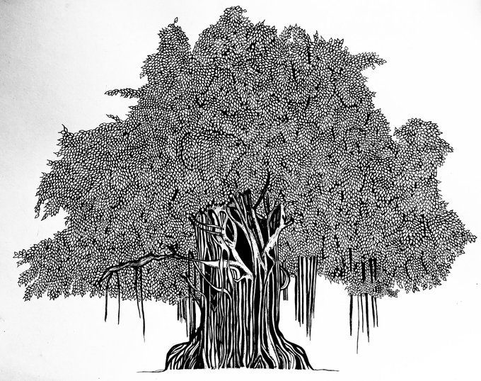 The image features a black and white illustration of a tree with many branches, giving it an artistic and detailed appearance. The tree appears to be a banyan tree or a similar type of tree, which has numerous thin branches extending outwards from its trunk. The drawing is in black and white, adding a timeless quality to the image. The post includes text that reads "Gm& Happy #TezosTuesday Temple of Love The journey inward reveals the world beyond." This message seems to be related to the artwork, possibly suggesting that the tree symbolizes growth or knowledge gained through introspection.