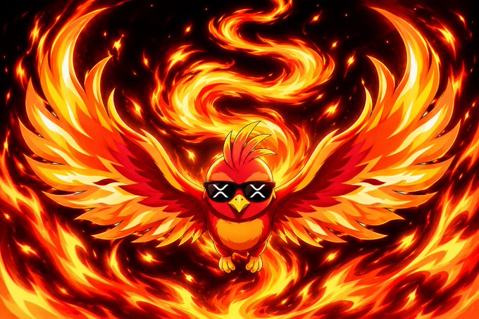 A digital illustration of a red bird-like character wearing sunglasses with 'X's on the lenses, surrounded by flames and featuring large fiery wings spread wide.