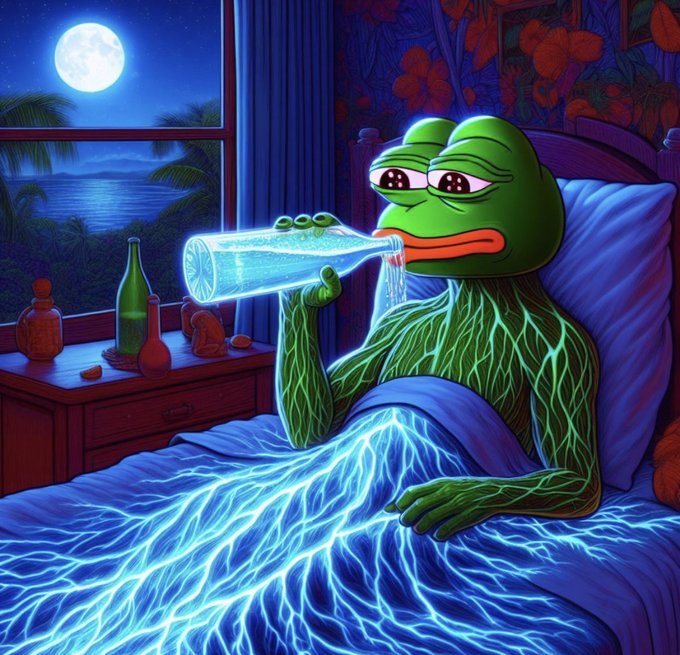 A melancholic Pepe the Frog sits in bed at night, drinking water (or perhaps tears) that streams down and turns into surging electric currents flowing over his blanket—visually echoing the post's bullish call that "the bottom is in" for $PEPE, with the rising energy symbolizing the cryptocurrency's expected surge higher.