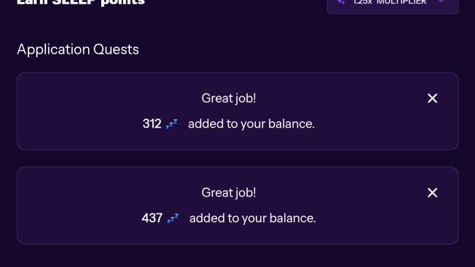 A screenshot of an 'Application Quests' interface showing two 'Great job!' notifications: '312 added to your balance' and '437 added to your balance', with a 1.25x multiplier visible at the top.