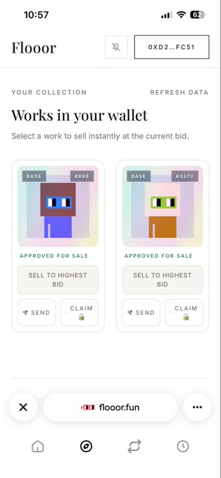 A mobile screenshot of the 'Flooor' app (flooor.fun) displaying the 'Works in your wallet' section, featuring two pixel-style NFT artworks (#898 and #3379) that are 'APPROVED FOR SALE' with options to 'SELL TO HIGHEST BID', 'SEND', or 'CLAIM'.
