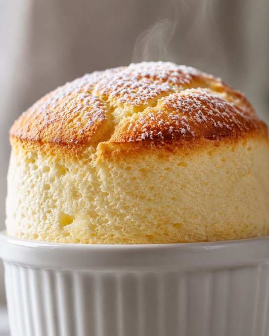 A freshly baked, fluffy soufflé with a golden-brown crust, dusted with powdered sugar and served in a white ramekin with steam rising.