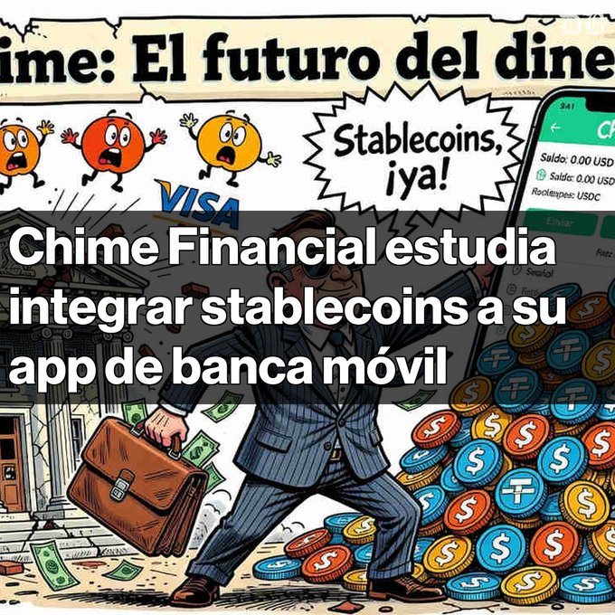 An AI-generated image with cartoon coins and the VISA logo features Spanish text: 'Chime Financial estudia integrar stablecoins a su app de banca móvil' and a speech bubble saying 'Stablecoins, ¡ya!'.