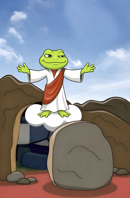 The image shows a cartoon Pepe-style frog dressed as Jesus in a white robe with a red sash, standing on a cloud with arms outstretched near a tomb with a rolled-away stone. The post celebrates the $TOAD crypto community's bullish enthusiasm and acknowledges community members @mdudas and @slingoorio for their support, with the triumphant "ascension" imagery symbolizing the token's rising momentum and loyal holders' faith in the project.