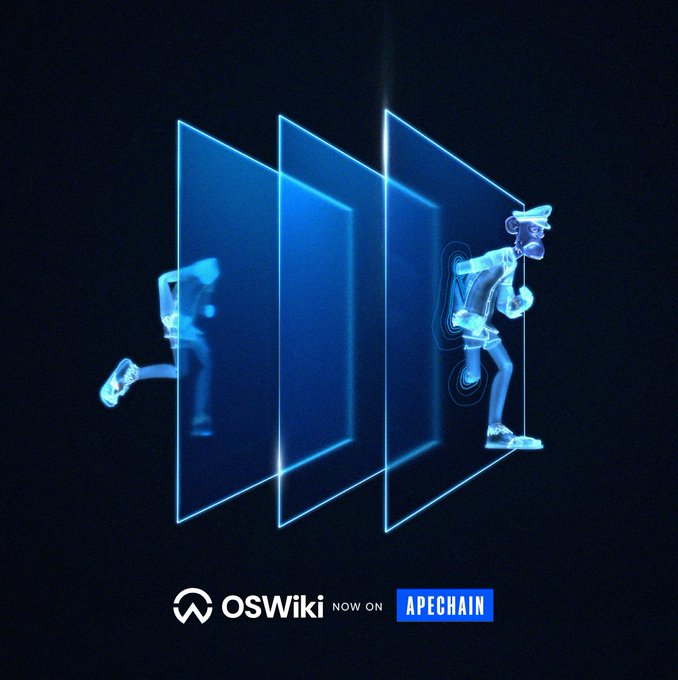 The image shows an illustration of a person running through three doors with reflections of themselves within each door, creating a 3D effect that makes it appear like the person is moving through multiple spaces simultaneously. The background color is black, providing contrast for the vibrant blue-green design elements. A caption below the image reads: "OSwikki now on APECHAIN - Focus on what's in the image and how it relates to the post".