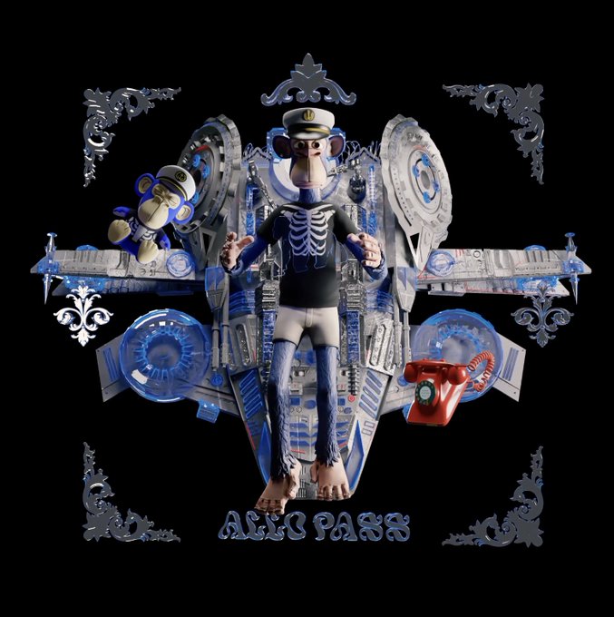 3D artwork featuring a skeleton figure in a sailor outfit at the center, surrounded by mechanical and architectural elements, with 'ALL PASS' text at the bottom.