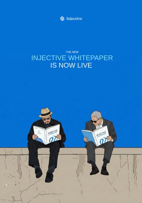 An Injective promotional graphic shows 'THE NEW INJECTIVE WHITEPAPER IS NOW LIVE' above a cartoon illustration of two men in suits reading copies of the whitepaper.
