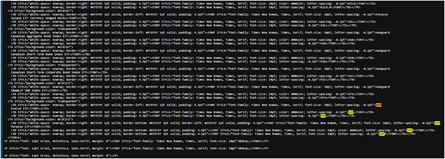 A screenshot of HTML/CSS code displaying a webpage with multiple `<TD>` table cells containing CSS styling for ETFs, including entries for Evolve ETF ($XRP), Purpose ETF ($XRPP), and Purpose ETF ($BTCC), listed alongside Canadian Aggregate Bond Index and other ticker symbols. The code supports the post's claim by showing the SEC filing-style listing of XRP ETF options appearing alongside BTC, ETH, and SOL derivatives.