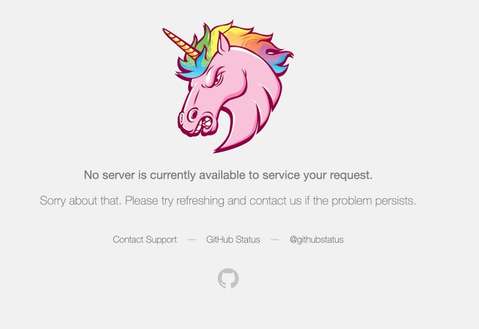 A web error page displays a colorful unicorn logo above the message 'No server is currently available to service your request,' with links for GitHub Support and Status.