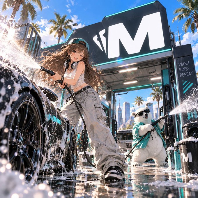 An anime-style digital illustration showing a girl with headphones and a bear in sunglasses washing cars at a car wash branded with a large 'M' logo, with water splashing dynamically around them.